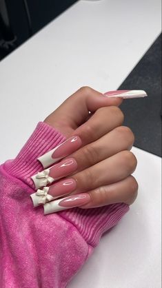 Fresita Nail Ideas, Coquette Nails Long, Coquette Valentines Nails, Long Nail Sets, Long Simple Nails, French Tip Nails Long, Uñas Coquette, Long French Tip Nails, Nails Coquette