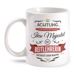 a white coffee mug with an inscription on the front and bottom, in german language