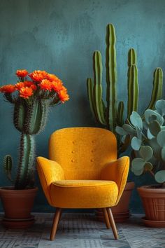 an orange chair next to two cactus plants