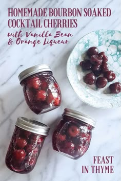 homemade bourbon soaked cocktail cherries with vanilla - lemon and orange liqueur in mason jars