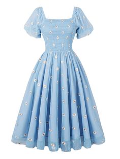 Light Blue 1950s Cap Sleeve Daisy Dress Light Blue Retro Summer Dress, Retro Light Blue Summer Dress, Blue Fitted Retro Dress, Blue Retro Fitted Dress, Y2k Fall Outfits, French Tea, Marine Uniform, Daisy Dress, Embroidered Midi Dress