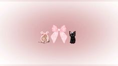 two cats are sitting next to each other with bows on their heads and tails, in front of a pink background