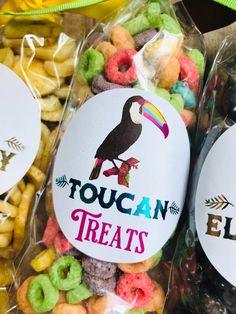 toucan treats in plastic bags with stickers on them