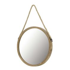 a round mirror hanging on a rope