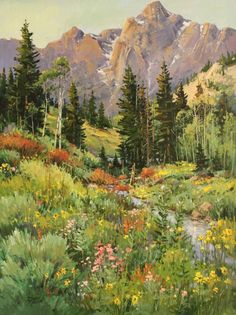 a painting of a mountain scene with wildflowers and trees in the foreground