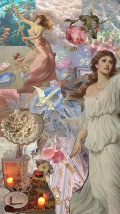 a woman in a white dress surrounded by pictures and candles