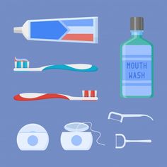 Conjunto de ferramentas de limpeza dentá... | Premium Vector #Freepik #vector #projeto #icone #escova #garrafa Dental Cleaning, Dental Floss, Dental Office, Flat Style, Mouthwash, Toothpick, Oral Health, Cleaning Tools