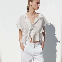 Cute White Sheer Crop Top. Brand: Zara Size: Medium Color: White New With Tags Elegant Cropped Summer Blouse, Elegant Cropped Blouse For Summer, Trendy Summer Daywear Blouse, Trendy Summer Blouse For Daywear, Chic White Cropped Blouse, Zara V-neck Summer Blouse, Chic Zara Tops For Daywear, Chic Summer Blouse For Day Out, Trendy White Zara Blouse