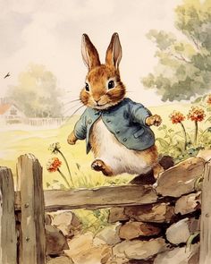 a painting of a rabbit in a blue suit jumping over a wooden fence with flowers behind it