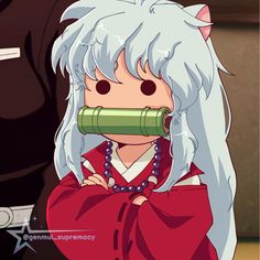 an anime character with long white hair holding a green object in front of her face