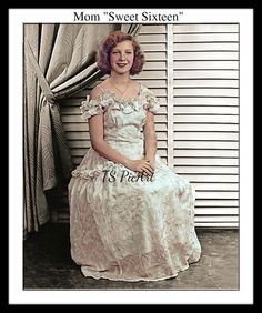 an old photo of a woman in a dress sitting on a chair with the words mom's sweet sixteen