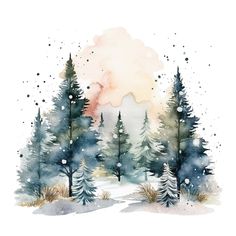 watercolor painting with trees and snow in the foreground, on a white background