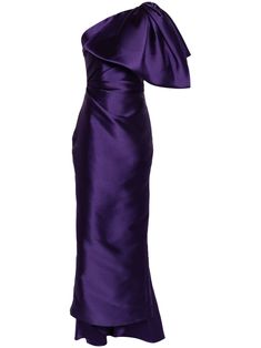 amethyst purple textured finish asymmetric neck one-shoulder sleeveless oversize bow detail demi-train long length curved hem concealed side zip fastening Solace London, Wedding Guest Looks, City Dress, Dress Purple, Amethyst Purple, Summer Beach Wear, Shoulder Design, Bow Detail, Purple Dress