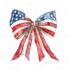 an american flag bow with stars and stripes painted on the side, in watercolor