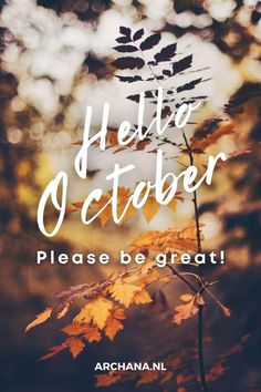 the words hello october are written in white on an image of autumn leaves and trees