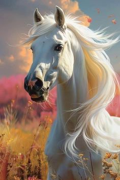 a white horse with long hair standing in a field full of yellow and pink flowers