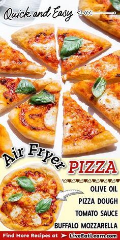 Photo of cooked pizza with the text 'Quick and easy air fryer pizza. Olive oil, pizza dough, tomato sauce, buffalo mozzarella' Homemade Personal Pizza, Pizza In The Air Fryer, New Guy