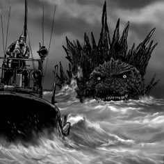 a boat in the water with two monsters on it