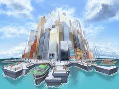 an artistic rendering of a city floating in the ocean