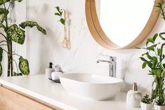 a white sink sitting on top of a counter next to a mirror and potted plants