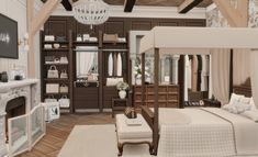 a bedroom with a bed, fireplace and shelves filled with furniture in it's center