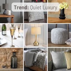 a collage of photos showing different types of furniture and decor in various rooms, including bedding, pillows, table lamps, vases and other items