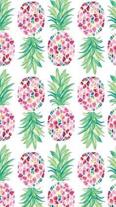 watercolor pineapples on white background with green leaves and pink flowers in the center