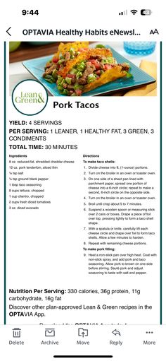 the menu for pork tacos is shown