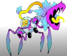 an animated cartoon character holding onto a large purple and yellow flower in front of a white background