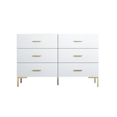 a white dresser with gold handles and drawers on the bottom, against a white background