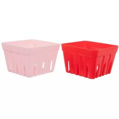 two plastic storage containers one red and the other pink