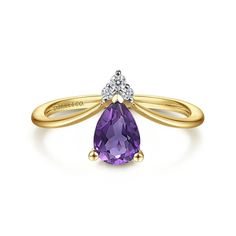 This elegant Lusso Color design by Gabriel features a pear shaped amethyst in a regal purple hue that brings life to any outfit. A trio of sparkling round diamonds, amounting to 0.03cts, adds a touch of glamour to the ring. Ring takes 2-3 weeks for Gabriel to create and will ship immediately after completion. Rush delivery available depending on style and upon request Available in 14K or 18K white, rose or yellow gold, and platinum Includes ring box Includes jewelry appraisal Ships fully insured to point of delivery All rings are fully customizable by Gabriel should you prefer slight or major changes to the style you see. Alteration possibilities include alternate color gemstones, styling or metal preference. Gabriel Jewelry, Ladies Rings, Triangle Ring, Jewelry Appraisal, Chevron Ring, Purple Hues, Amethyst Ring, Ring Ring, Ring Box