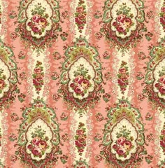 a pink and green floral wallpaper with an ornate design on the bottom half of it