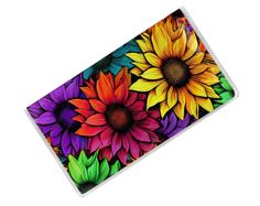 an image of colorful sunflowers painted on a white background with multicolored leaves