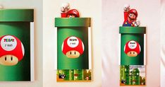 two pictures of mario and luigi's mushroom heads on the side of a green box