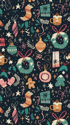 christmas seamless background with ornaments and gifts on dark blue, green, pink and orange colors