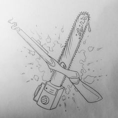 a pencil drawing of a saw and some tools