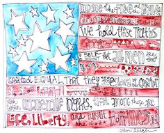 an american flag with stars and words written in red, white and blue on it