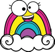 a cartoon rainbow with eyes and mouth sitting on top of it's own clouds