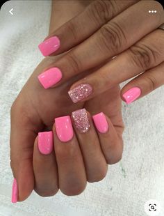 Pink Gel Nails With Sparkles, Nail Designs For Short Nails Pink, Barbie Dipped Nails, Square Barbie Nails, Pink Nails With One Glitter Nail, Pink Gel Short Nails, Nails To Match Pink Dress, Cute Barbie Nails, Barbie Nails Design Ideas Short