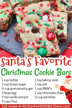 santa's favorite christmas cookie bars recipe with instructions for baking and decorating them