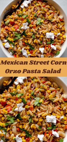 mexican street corn orzo pasta salad in a white bowl