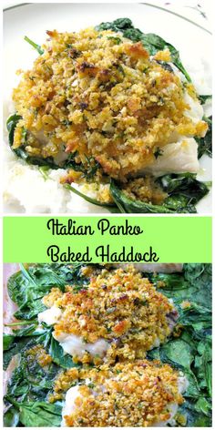 two plates filled with different types of food on top of each other and the words italian panko baked haddock