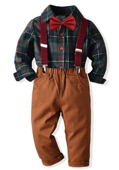 Tie And Suspenders, Boys Plaid Shirt, Yoga Wear Women, Green Plaid Shirt, Boys Plaid, Islamic Clothing, Boys Fashion, Brown Pants, Kids Pants