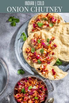 Indian onion chutney spread over poppadoms on a grey background. Indian Onion Chutney, Onion Chutney Recipe, Red Onion Chutney, Raw Onion, Cold Dip Recipes, Onion Chutney, Curry Night, School Recipes, Light Meals