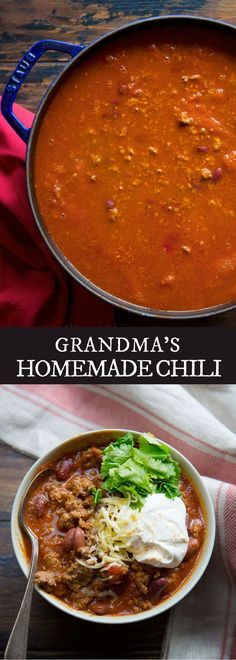 two pictures showing different types of food and the words grandma's homemade chili on them