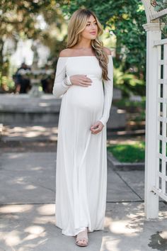 PinkBlush Petite Ivory Solid Off Shoulder Maternity Maxi Dress Maternity Wedding Dresses Casual, Vestidos Para Baby Shower, Trendy Maternity Outfits, Maternity Wedding, Pregnant Wedding, Pregnant Wedding Dress, Maternity Maxi Dress, Maternity Maxi, Baby Shower Dresses