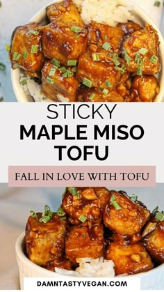 Sticky maple miso tofu in a serving dish over rice. Miso Tofu Recipe, Tofu Veggie Stir Fry, Miso Tofu, Glazed Tofu, Best Tofu, Tofu Recipes Healthy, Quiche Vegan