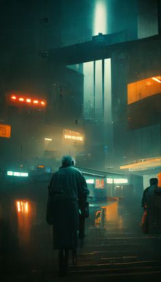 a man riding a bike down a rain soaked street next to a tall building at night