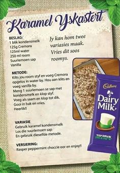 an advertisement for dairy milk with green leaves on the side and information about its ingredients